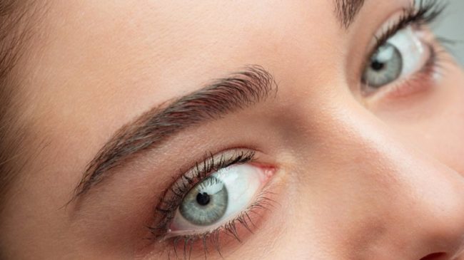 blicke_WEB_800.jpg Naheaufnahme eines Gesichts mit betonten Augenbrauen und strahlend blauen Augen.