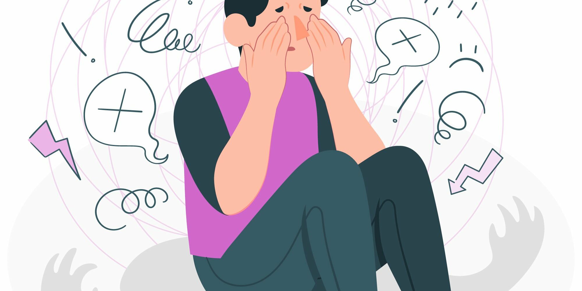 Panik.jpg Eine Person sitzt mit gesenktem Kopf und Händen im Gesicht, umgeben von wirren Gedanken und Symbolen von Stress.