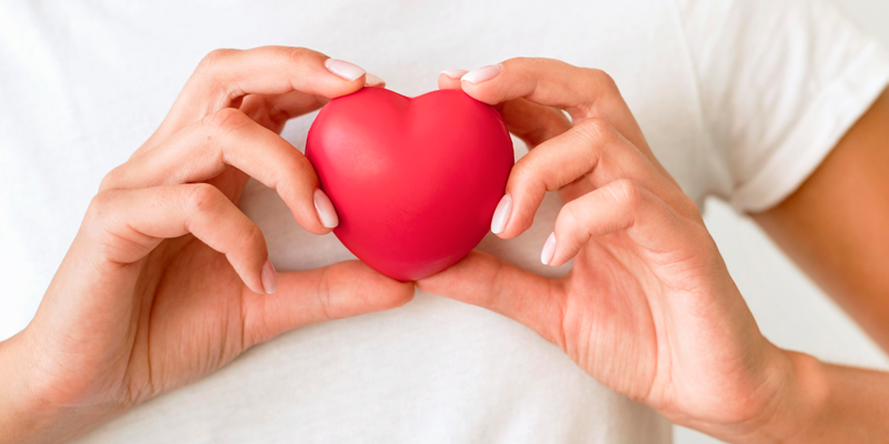 Eine Person hält ein rotes Herzen in beiden Händen vor einem hellen Hintergrund.