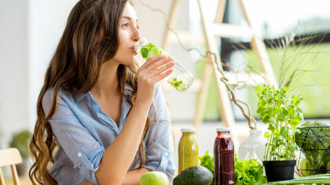 Eine Frau trinkt aus einer Glasflasche mit frischer Minze, umgeben von gesunden Lebensmitteln und Pflanzen.