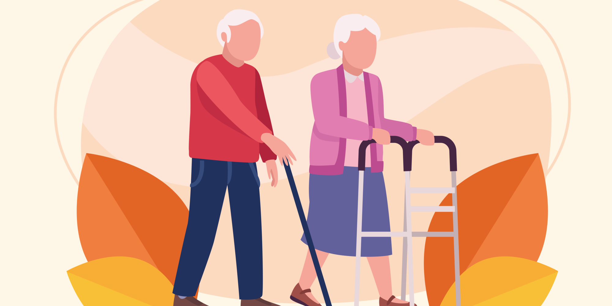 Parkinson.png Ein älteres Paar geht zusammen, der Mann mit einem Gehstock und die Frau mit einem Rollator, umgeben von bunten Laubblättern.