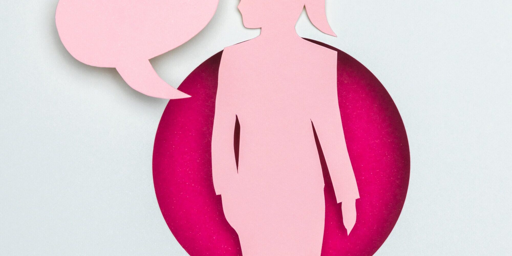 signale.jpg Silhouette einer Frau in Anzug mit Sprechblase, auf pinkem und grauem Hintergrund.