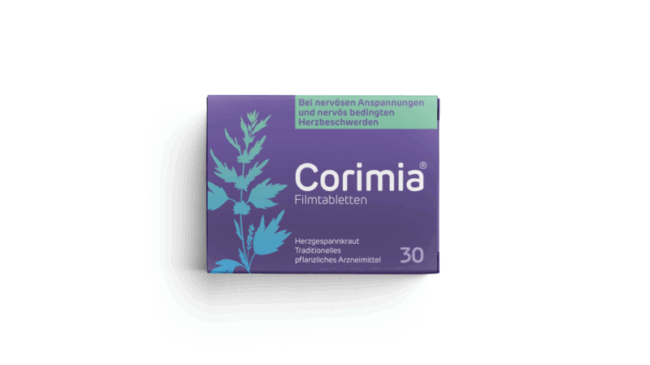 Verpackung von Corimia Filmtabletten mit pflanzlichem Arzneimittel für nervöse Spannungen und Herzbeschwerden.