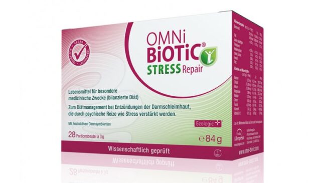 Verpackung eines Nahrungsergänzungsmittels für den Stressabbau mit Darmbakterien, vegan, enthält 28 Portionen.