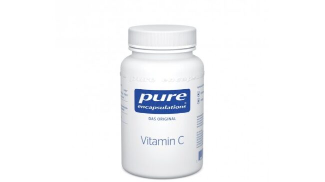 Weißer Kunststoffbehälter mit Vitamin C von Pure Encapsulations und blauem Etikett.