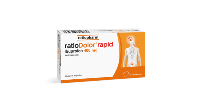 Packung ratioDolor® rapid mit Ibuprofen 400 mg, zeigt menschliche Silhouette mit Schmerzpunkten.