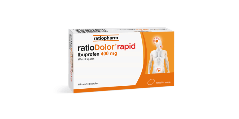 ratioDolor_rapid_Weichkapseln.png Packung ratioDolor® rapid mit Ibuprofen 400 mg, zeigt menschliche Silhouette mit Schmerzpunkten.