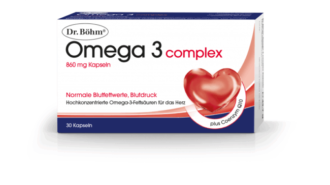 Verpackung von Dr. Böhm Omega 3 complex Kapseln, zur Unterstützung normaler Blutwerte, mit Herzsymbol.
