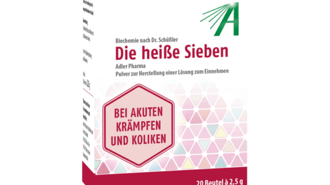 Verpackung von 'Die heiße Sieben', einem pulverförmigen Heilmittel zur Herstellung einer Lösung gegen Krämpfe und Koliken.