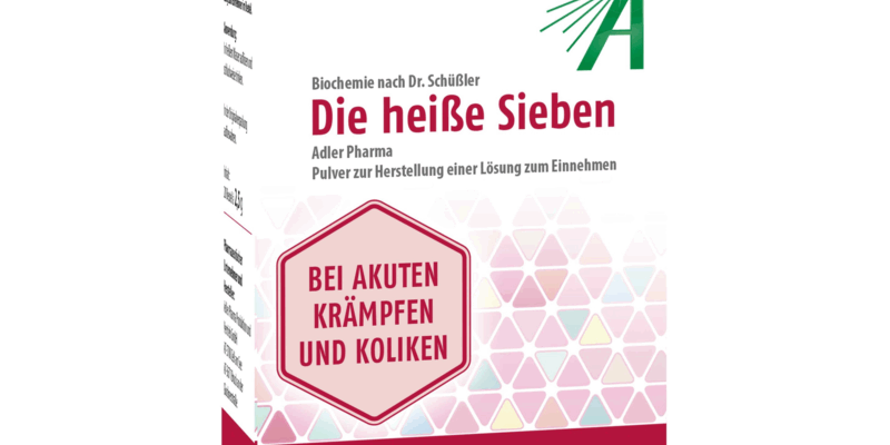 Verpackung von 'Die heiße Sieben', einem pulverförmigen Heilmittel zur Herstellung einer Lösung gegen Krämpfe und Koliken.