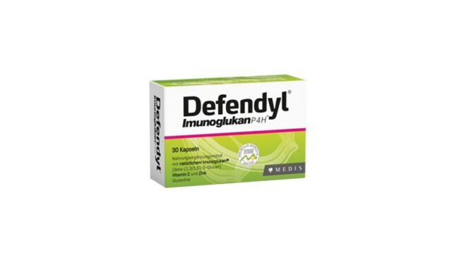Packung Defendyl Immunoglukans mit 30 Kapseln, enthält Vitamin C und Zink, glutenfrei, grüne und weiße Gestaltung.