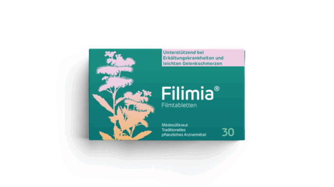 Verpackung von Filimia Filmtabletten mit Pflanzenmotiven, unterstützt bei Erkältungen und Gelenkschmerzen.
