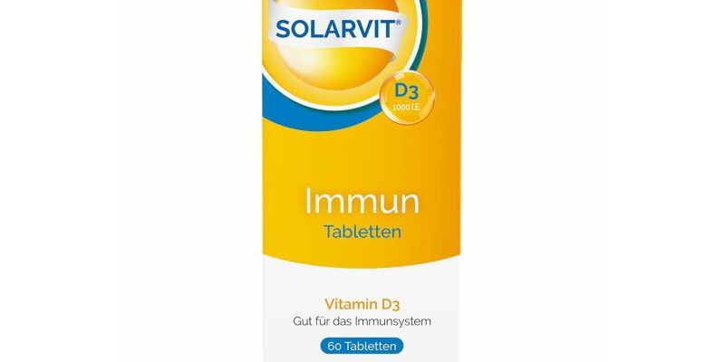 solarvit-immun-tabletten.jpg Packung mit Solarvit D3 Tabletten für das Immunsystem in leuchtendem Gelb und Blau.