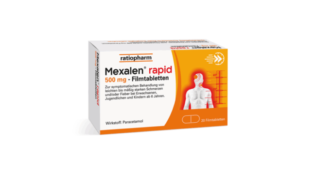 Packung Mexalen rapid 500 mg Filmtabletten zur Behandlung von Schmerzen und Fieber, mit orangefarbenem Design.