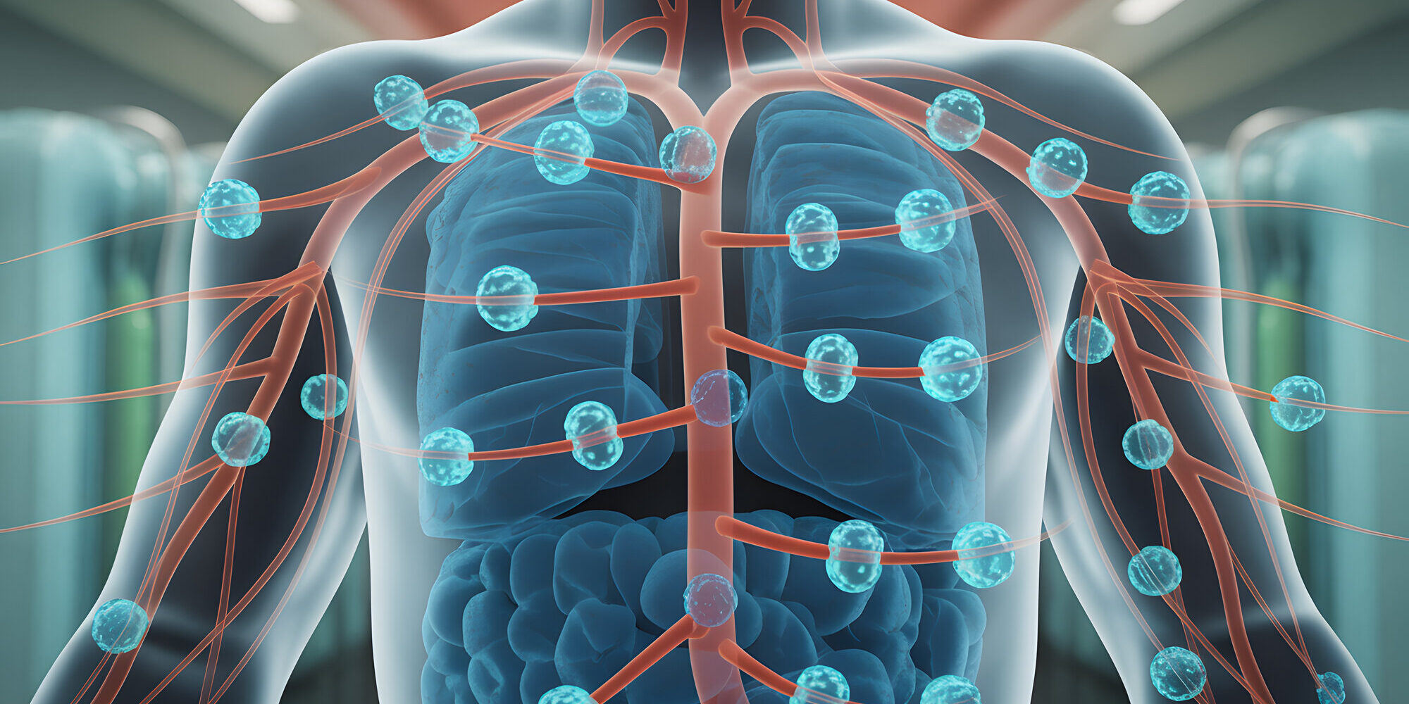 Darstellung des menschlichen Körpers mit hervorgehobenen Atemwegen, Blutgefäßen und Zellen in blau und rot.