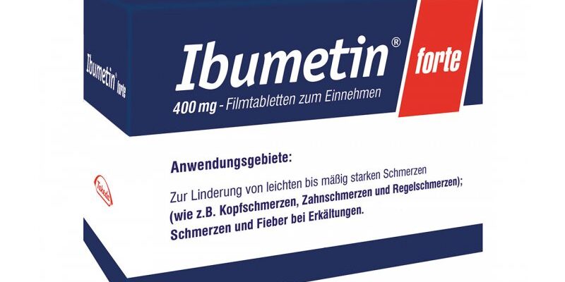 Verpackung mit Ibuprofen 400 mg in Filmtabletten, Anwendung: Linderung von leichten bis mäßig starken Schmerzen.