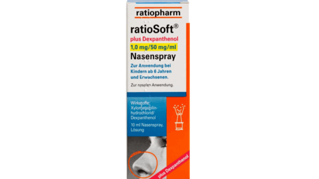 Verpackung eines Nasensprays von ratiopharm, enthält Dexpanthenol für Erwachsene und Kinder ab 6 Jahren zur nasalen Anwendung.