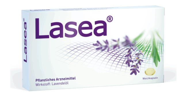 Verpackung von Lasea, einem pflanzlichen Arzneimittel mit Lavendelöl. Weichkapseln in der Box.