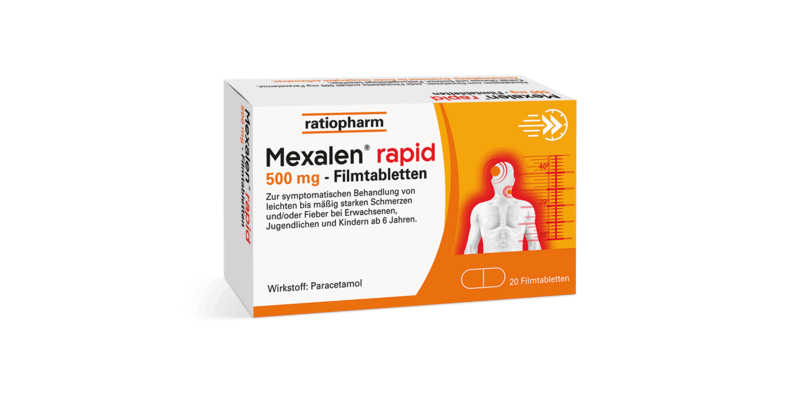 Packung Mexalen rapid 500 mg Filmtabletten zur Behandlung von Schmerzen und Fieber, mit orangefarbenem Design.