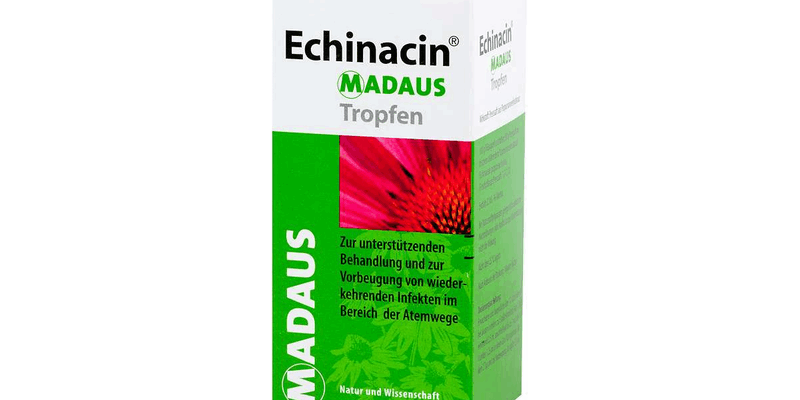 Packung von Echinacin Madaus Tropfen mit grüner und weißer Gestaltung für Atemwegserkrankungen.