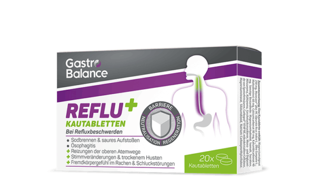 Verpackung von GastroBalance REFLU+ Kautabletten zur Linderung von Refluxbeschwerden, mit Hinweis auf Barriere und Neutralisation.