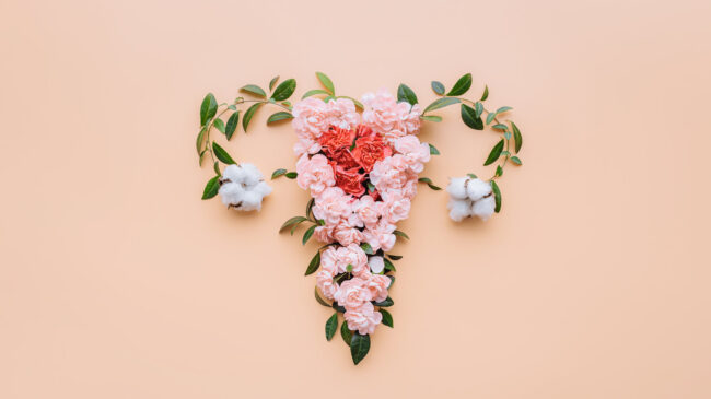 Ein florales Arrangement in Herzform aus rosa Blumen und Baumwollblüten auf einem pfirsichfarbenen Hintergrund.